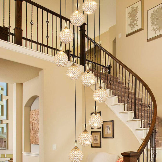 Modern Crystal Ball Pendant Light: Spiral Cluster Design 10-Light Hanging Fixture Gold / Round