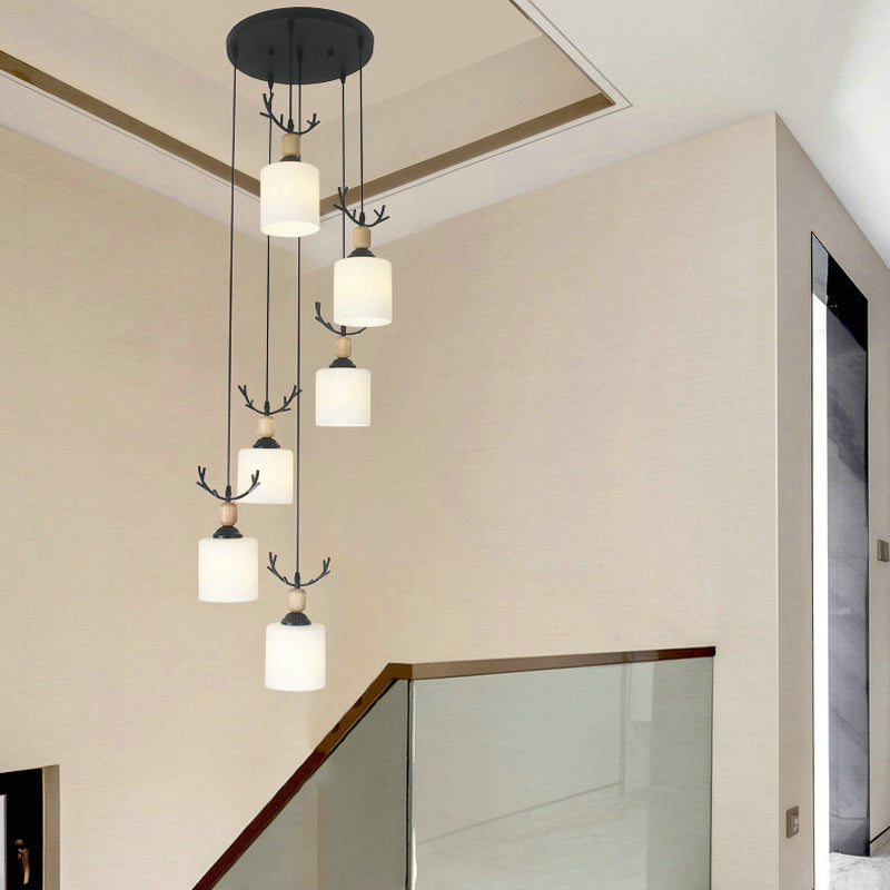 Opal Glass Modern Cylinder Pendant Light With Black Canopy For Stairs