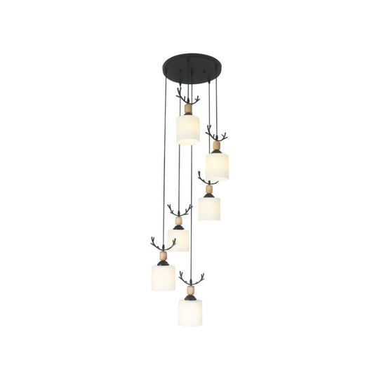Opal Glass Modern Cylinder Pendant Light With Black Canopy For Stairs