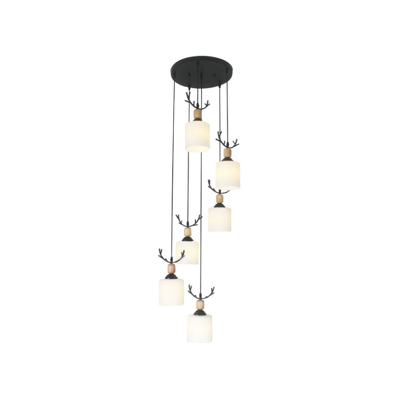 Opal Glass Stairs Pendulum Light: Modernist Cylinder Cluster Pendant In Black