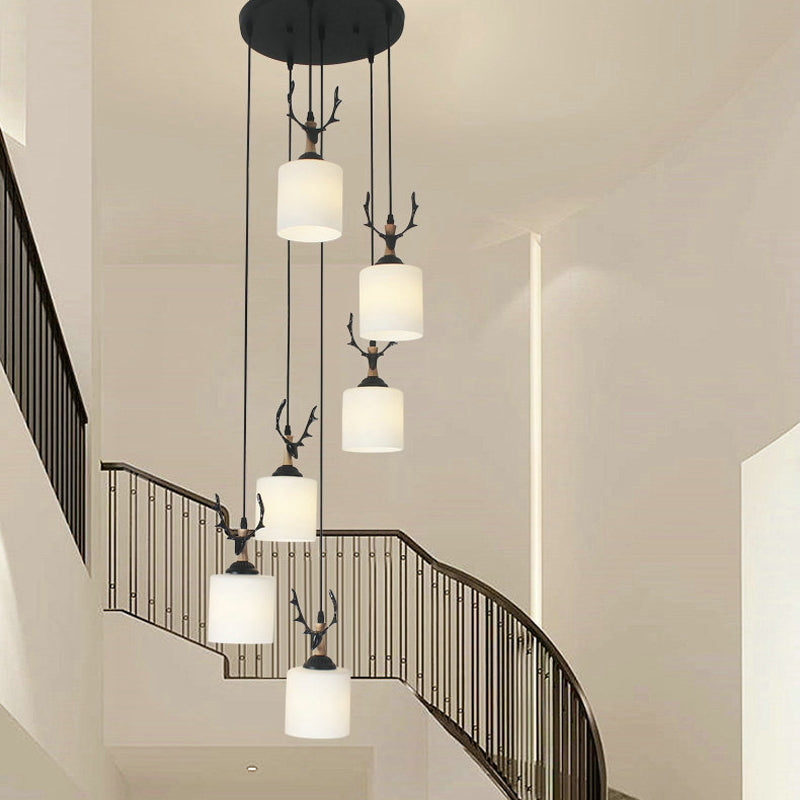 Opal Glass Stairs Pendulum Light: Modernist Cylinder Cluster Pendant In Black