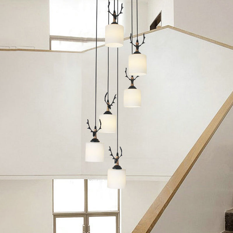 Opal Glass Modern Cylinder Pendant Light With Black Canopy For Stairs