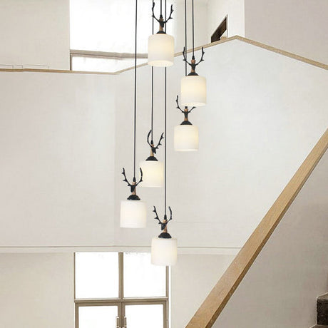 Opal Glass Stairs Pendulum Light: Modernist Cylinder Cluster Pendant In Black