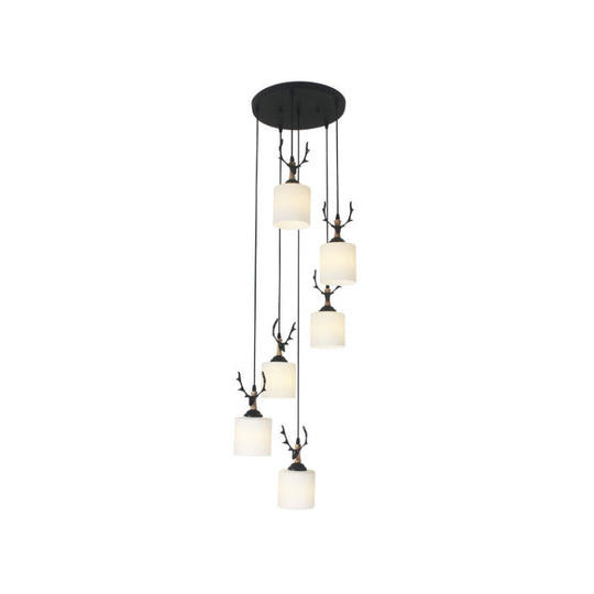 Opal Glass Modern Cylinder Pendant Light With Black Canopy For Stairs