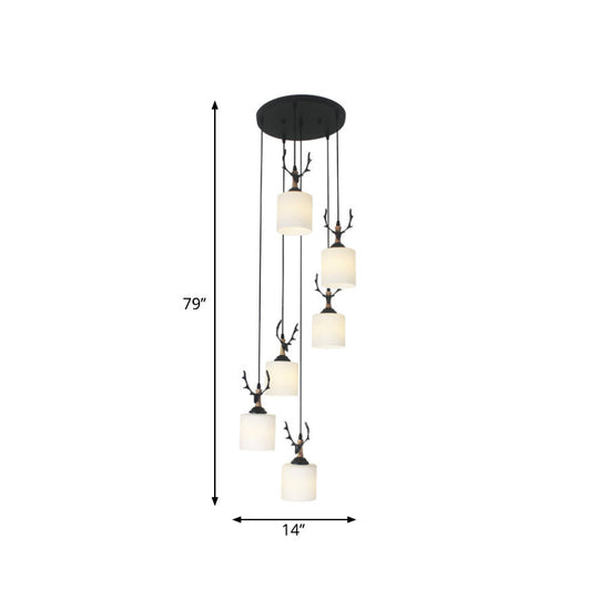 Opal Glass Modern Cylinder Pendant Light With Black Canopy For Stairs