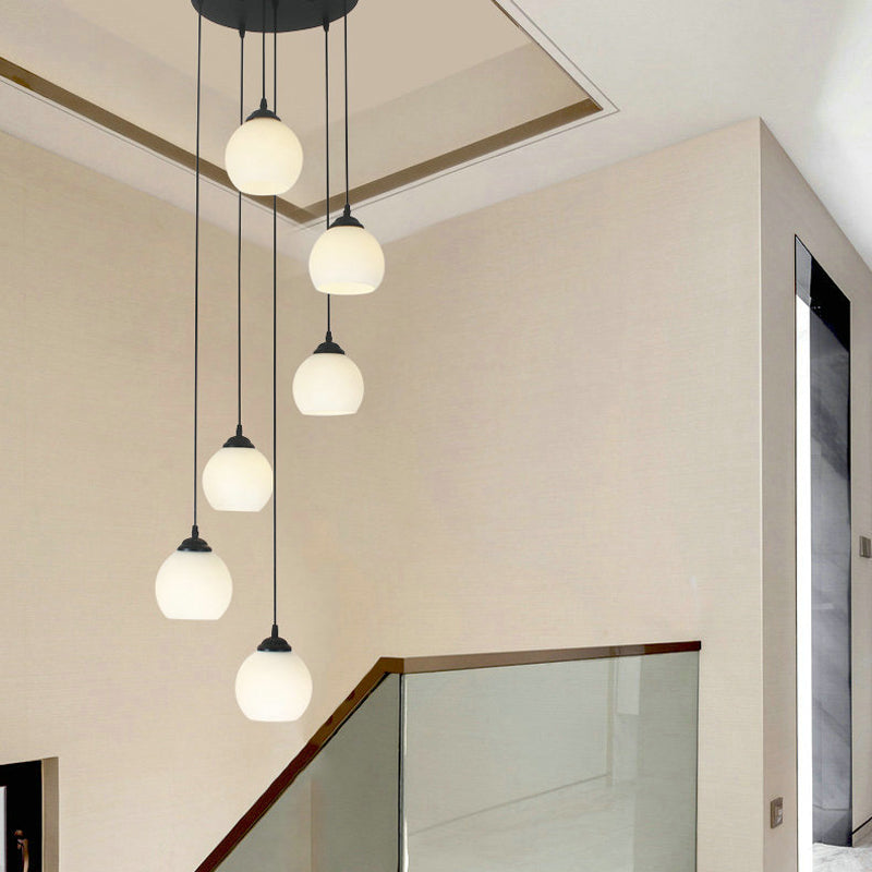 Spiral Milky Glass Multi Pendant Simple Hanging Ceiling Light In Black For Stairs Lighting