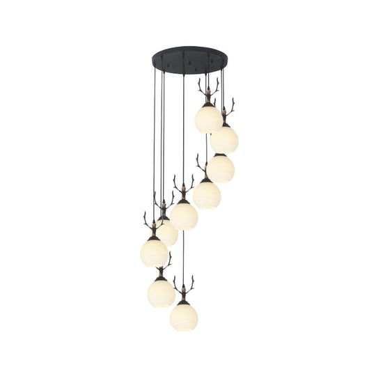 Spiral Milky Glass Multi Pendant Simple Hanging Ceiling Light In Black For Stairs Lighting