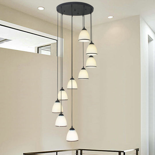 Contemporary Dome Stairs Swirl Pendant Light In Black With Opal Glass Accent Stylish Hanging
