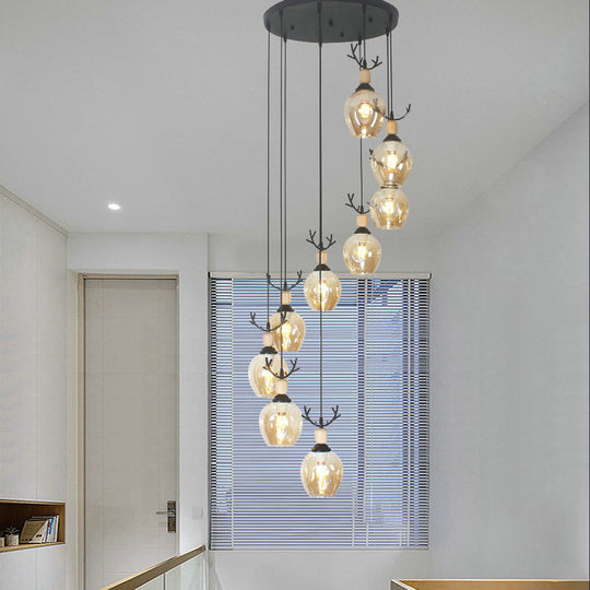 Modern Black Ceiling Lamp: 9-Head Corridor Multi Light Pendant With Dimpled Glass Shades 9 / Cognac