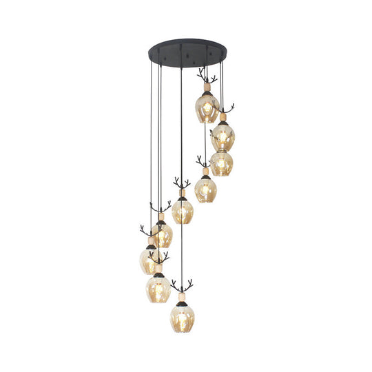 Modern Black Ceiling Lamp: 9-Head Corridor Multi Light Pendant With Dimpled Glass Shades