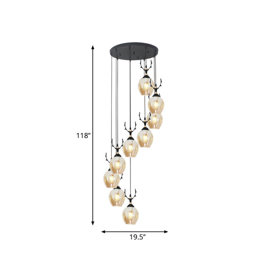Modern Black Ceiling Lamp: 9-Head Corridor Multi Light Pendant With Dimpled Glass Shades