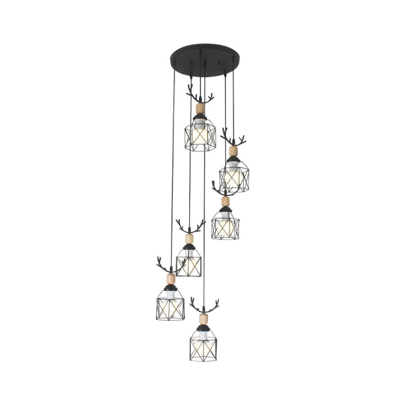 Modernist Black Hexagon Cage Pendant Lamp With Spiral Metal Design