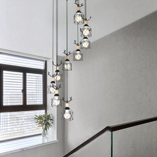 Modernist Black Hexagon Cage Pendant Lamp With Spiral Metal Design 9 / B