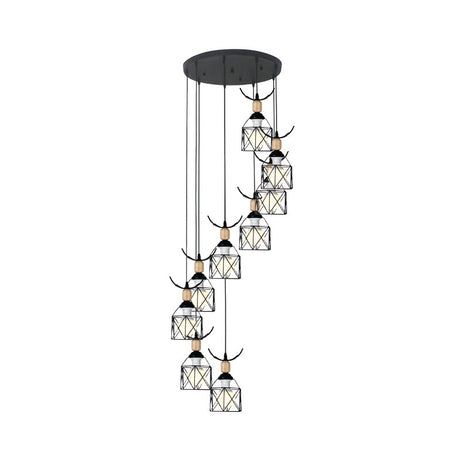 Modernist Black Hexagon Cage Pendant Lamp With Spiral Metal Design