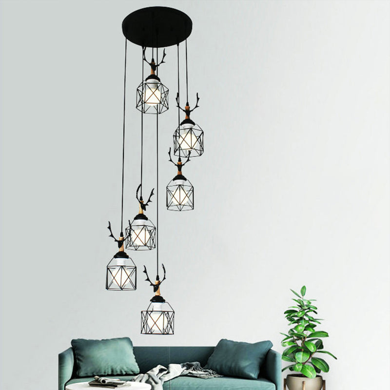 Modernist Black Hexagon Cage Pendant Lamp With Spiral Metal Design 6 / C