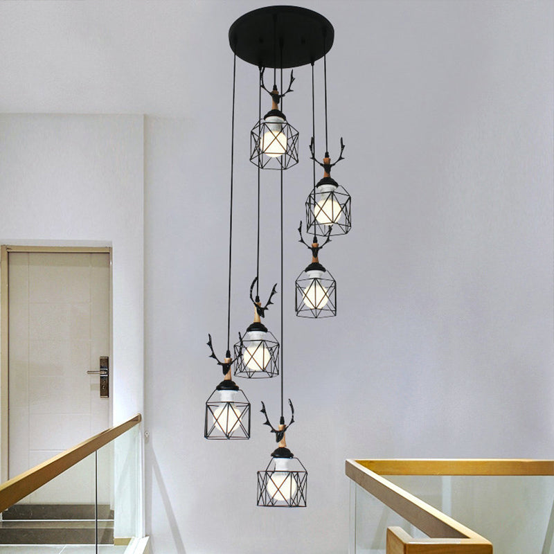 Modernist Black Hexagon Cage Pendant Lamp With Spiral Design - Metal Multiple Hanging Light