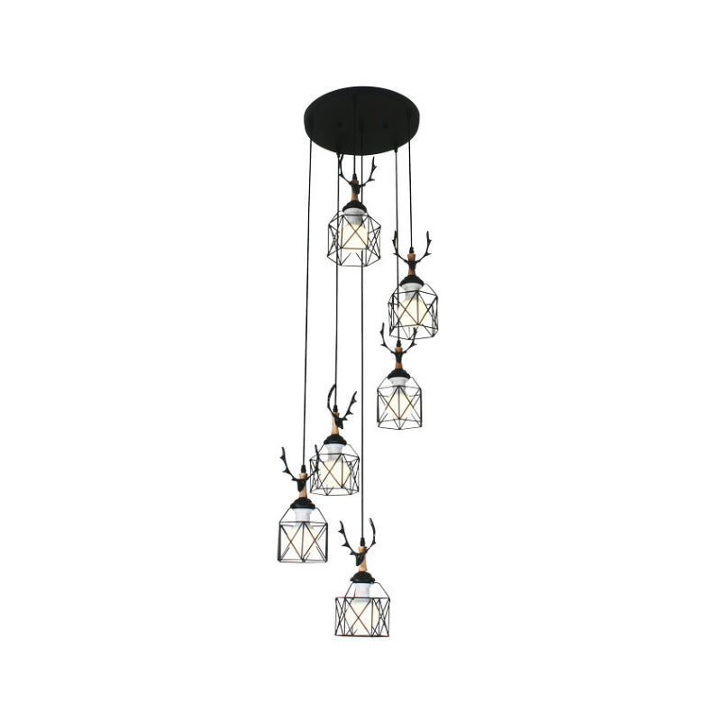 Modernist Black Hexagon Cage Pendant Lamp With Spiral Metal Design