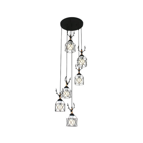 Modernist Black Hexagon Cage Pendant Lamp With Spiral Metal Design