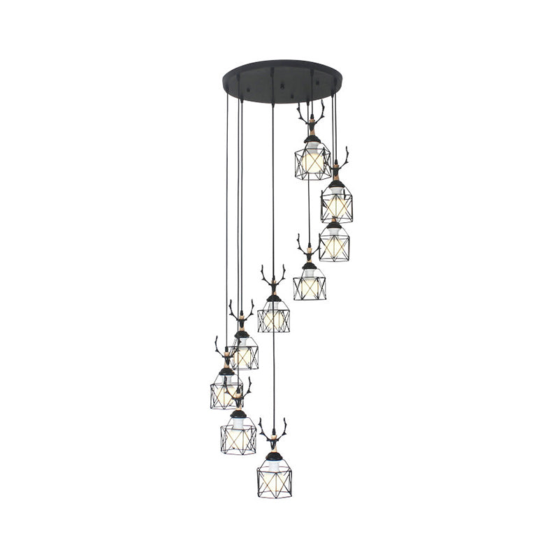 Modernist Black Hexagon Cage Pendant Lamp With Spiral Design - Metal Multiple Hanging Light