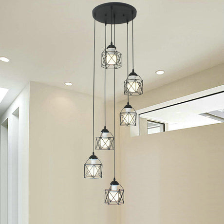 Modernist Black Hexagon Cage Pendant Lamp With Spiral Metal Design 6 / A