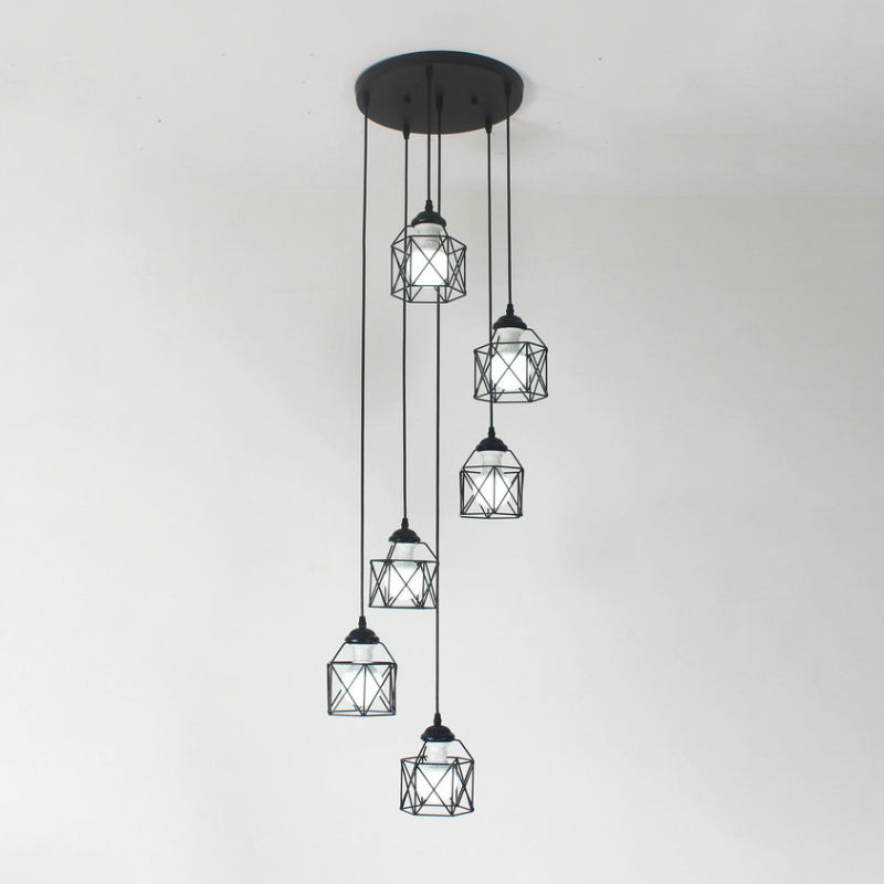 Modernist Black Hexagon Cage Pendant Lamp With Spiral Design - Metal Multiple Hanging Light