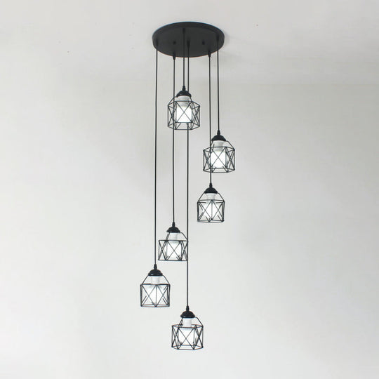Modernist Black Hexagon Cage Pendant Lamp With Spiral Design - Metal Multiple Hanging Light