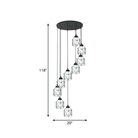 Modernist Black Hexagon Cage Pendant Lamp With Spiral Metal Design