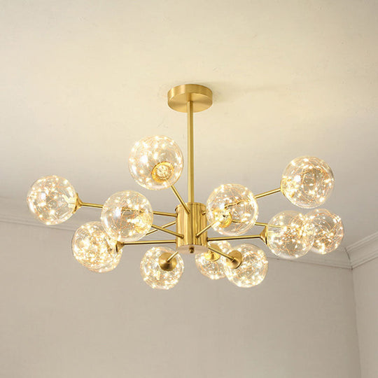 Modern Led Starry Drop Chandelier - Radial Metal Design With Clear Glass Orb Shade 12 / Gold Natural