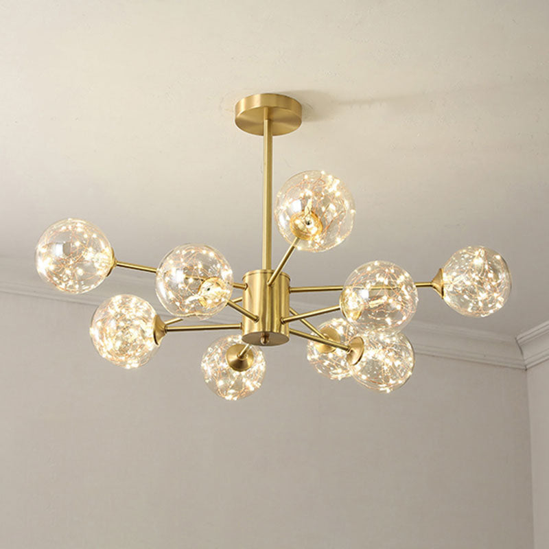 Modern Led Starry Drop Chandelier - Radial Metal Design With Clear Glass Orb Shade 10 / Gold Natural
