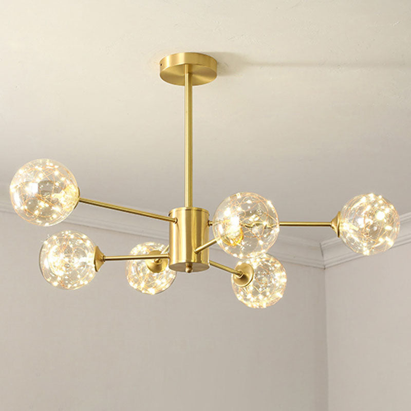 Modern Led Starry Drop Chandelier - Radial Metal Design With Clear Glass Orb Shade 6 / Gold Natural