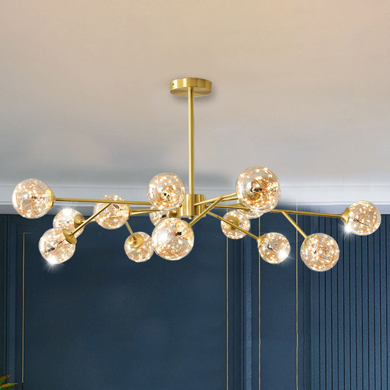 Minimalist Metal Led Chandelier In Gold With Starburst Pendulum Design And Bubble Shade