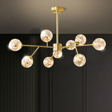Minimalist Metal Led Chandelier In Gold With Starburst Pendulum Design And Bubble Shade
