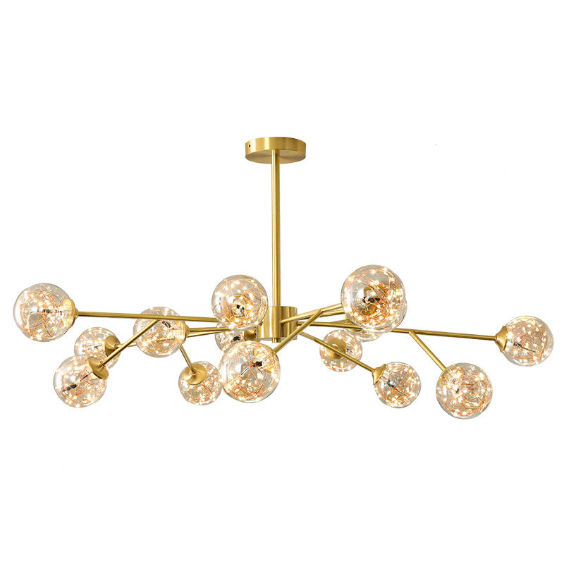 Minimalist Metal Led Chandelier In Gold With Starburst Pendulum Design And Bubble Shade