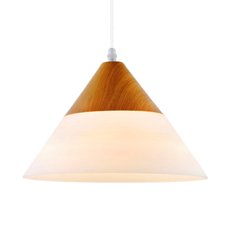 Modern Cone Milk Glass Suspension Pendant - Natural Wood Hanging Light Fixture (1-Light 5/7.5/10.5