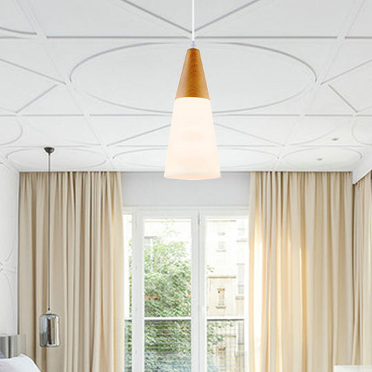 Natural Wood Cone Milk Glass Suspension Pendant Light - Modern 1-Light Fixture (5’/7.5’/10.5’
