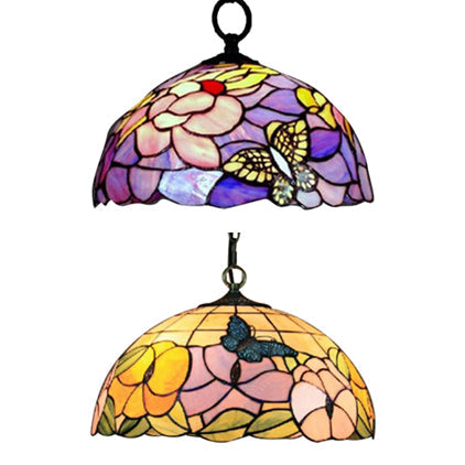 Baroque Butterfly Suspension Lamp - 1-Head Yellow/Purple Stained Glass Ceiling Light 12’/16’ Wide
