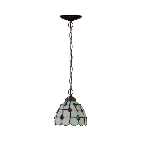 Victorian Lattice Dome 1-Light Hanging Lamp Kit - White Glass Copper Suspension Light With Gem