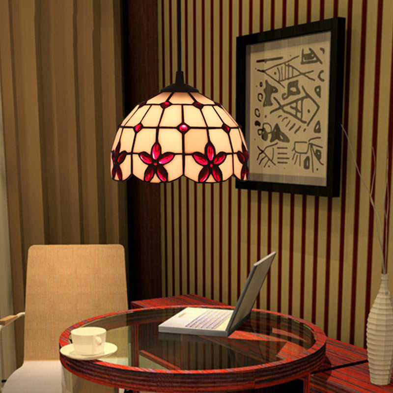 Tiffany Lattice Bowl White Glass Jeweled Flower Pendant Light Kit For Dining Room Red / 8’