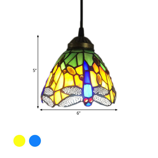 Baroque Dragonfly Stained Glass Pendant Light With 1-Bulb Drop - Bell