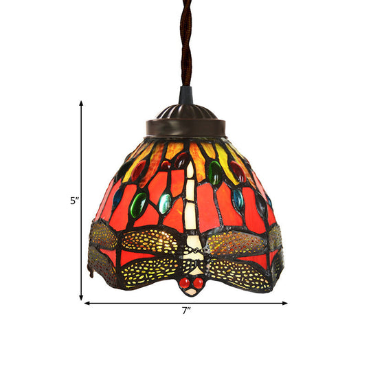 Tiffany Red Dragonfly Pendant Lamp With Stained Glass Shade For Dining Room - Single Bulb Kit