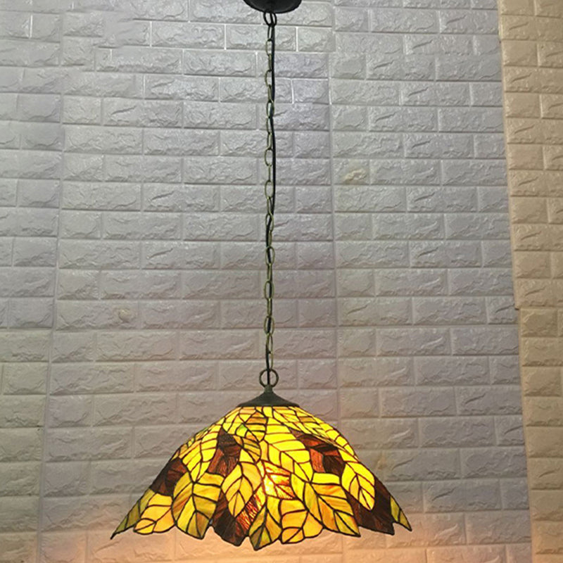 Yellow Cone Drop Pendant - Stained Glass Ceiling Light With Leaf Pattern