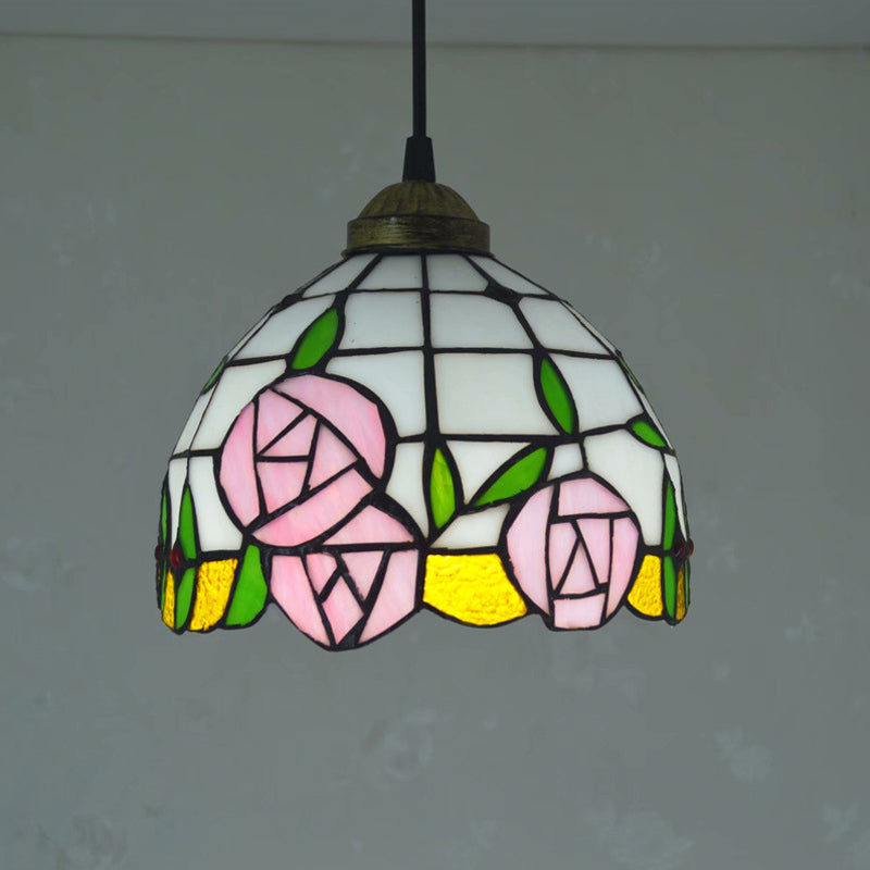 White Cut Glass Ceiling Hang Fixture - Domed Mediterranean Suspension Lighting With Rose Pattern