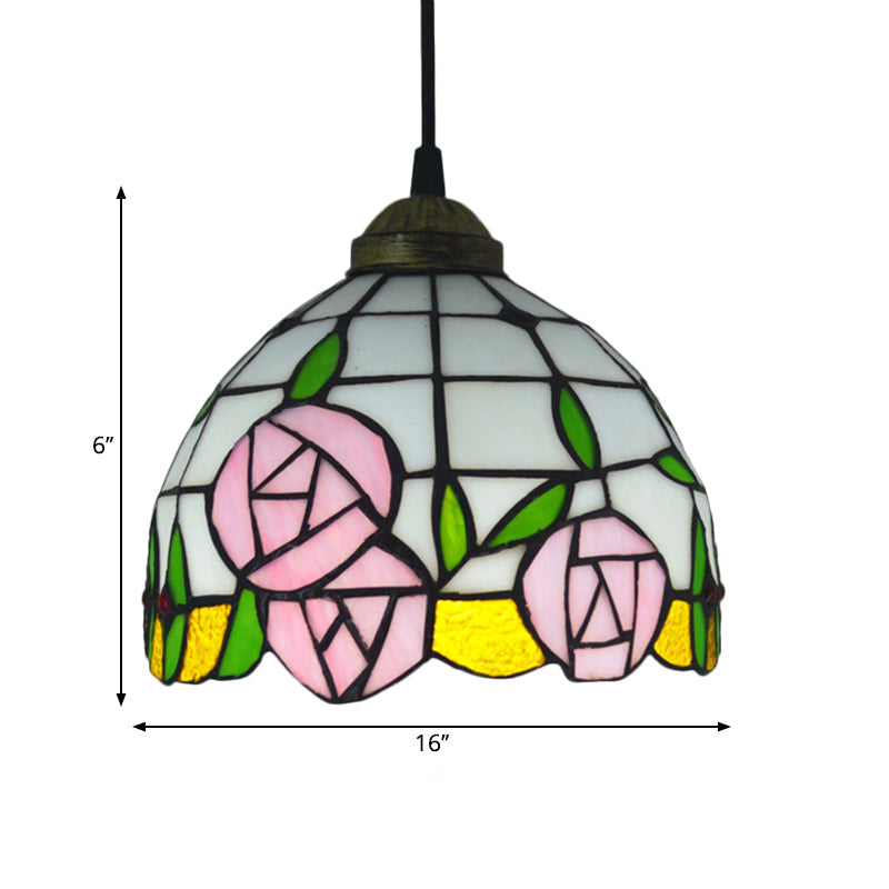 White Cut Glass Ceiling Hang Fixture - Domed Mediterranean Suspension Lighting With Rose Pattern