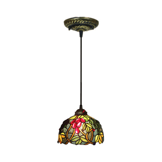 Victorian Hanging Light Fixture - Green Stained Glass Barrel Pendant With Grapevine Pattern