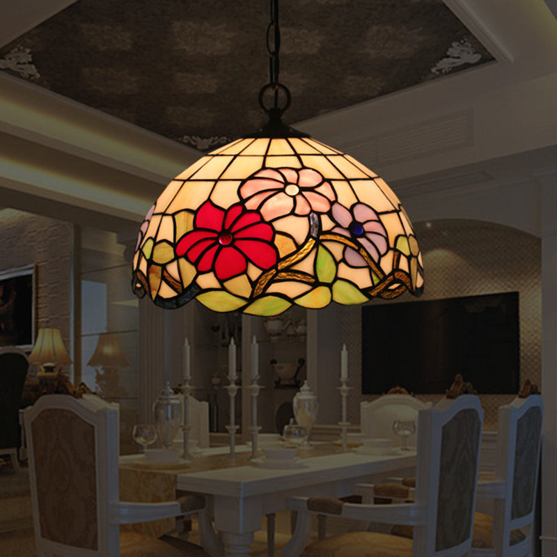 Tiffany Black Floral Patterned Pendant Light Kit With Hand Cut Glass Shade For Dining Room