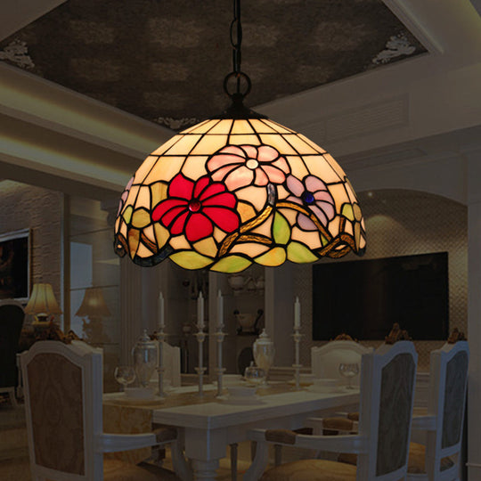 Tiffany Black Floral Patterned Pendant Light Kit With Hand Cut Glass Shade For Dining Room