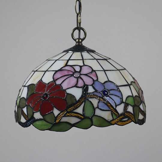 Tiffany Black Floral Patterned Pendant Light Kit With Hand Cut Glass Shade For Dining Room