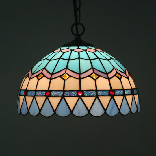 Tiffany Stained Glass Pendant Light - Lattice Bowl Design 1-Light Blue Suspension Lamp For Dining