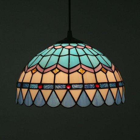 Tiffany Stained Glass Suspension Lamp: Lattice Bowl Pendulum Light - 1-Light Blue For Dining Room /
