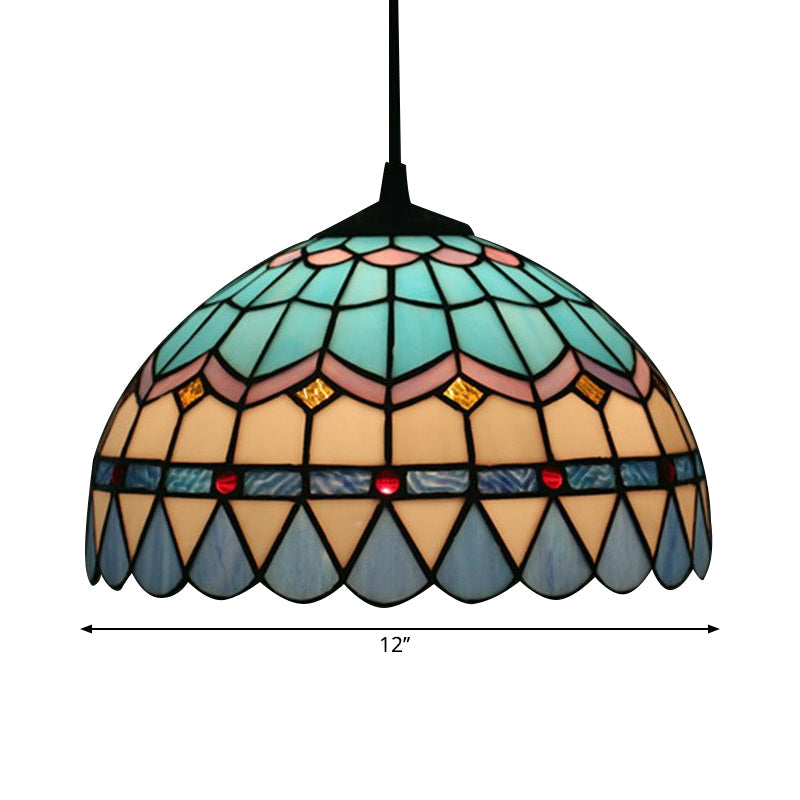 Tiffany Stained Glass Pendant Light - Lattice Bowl Design 1-Light Blue Suspension Lamp For Dining